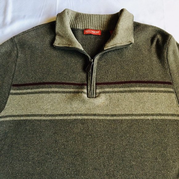 REUNION - Men’s Brown Sweater w Stripe Long Sleeve 1/4 Zipper Size‎ Medium - Picture 2 of 8